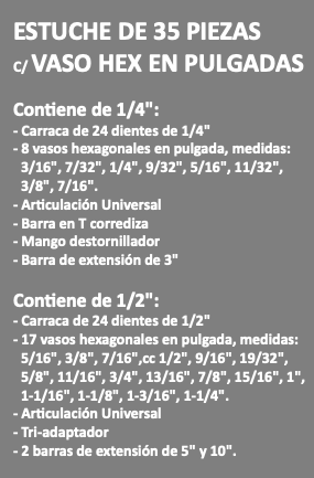 ESTUCHE DE 35 PIEZAS C/ VASO HEX EN PULGADAS Contiene de 1/4": - Carraca de 24 dientes de 1/4" - 8 vasos hexagonales en pulgada, medidas: 3/16", 7/32", 1/4", 9/32", 5/16", 11/32", 3/8", 7/16". - Articulación Universal - Barra en T corrediza - Mango destornillador - Barra de extensión de 3" Contiene de 1/2": - Carraca de 24 dientes de 1/2" - 17 vasos hexagonales en pulgada, medidas: 5/16", 3/8", 7/16",cc 1/2", 9/16", 19/32", 5/8", 11/16", 3/4", 13/16", 7/8", 15/16", 1", 1-1/16", 1-1/8", 1-3/16", 1-1/4". - Articulación Universal - Tri-adaptador - 2 barras de extensión de 5" y 10". 